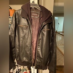 Mens Guess hooded leather coat